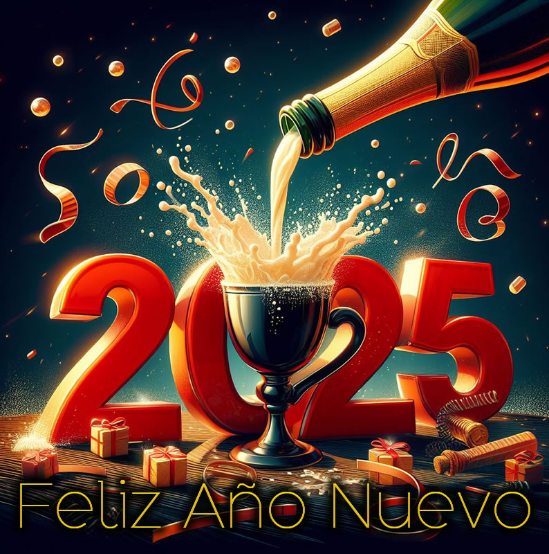 Tarjeta de felicitación con copas llenas de vino espumoso para brindar por el 2025
