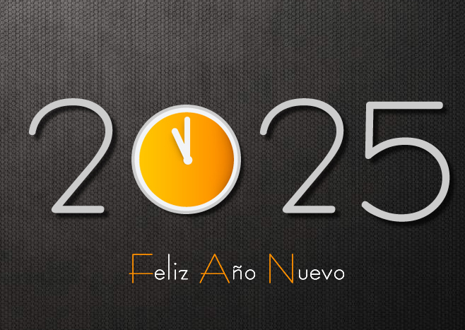 imagen con texto 2025 y reloj que marca casi la medianoche para celebrar la llegada del año nuevo