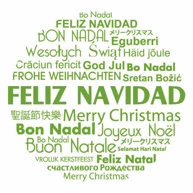 imagen con texto encerrado en un círculo de Feliz Navidad traducido a muchos idiomas diferentes