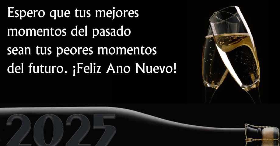 imagen con botella de champagne con inscripción 2025 y frase de deseos para un feliz año nuevo