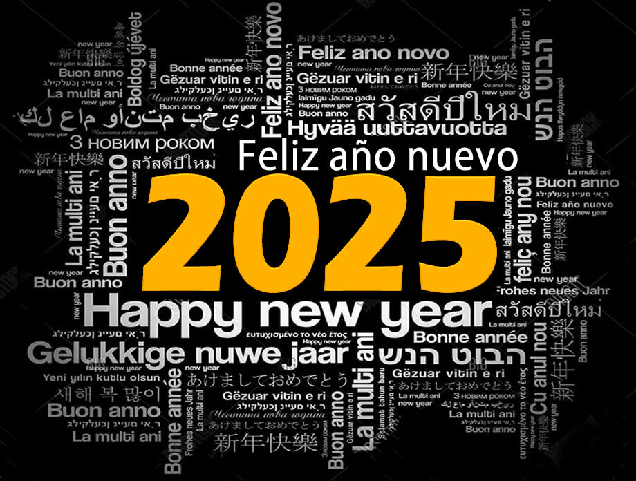 imagen con texto Feliz año nuevo 2025 en muchos idiomas diferente