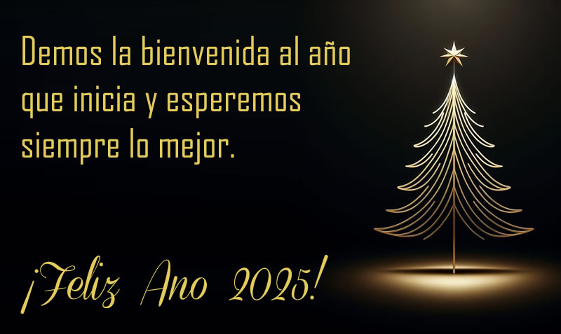 Imagen elegante con estilizado árbol de Navidad en color dorado y estrella cometa con mensaje de saludo