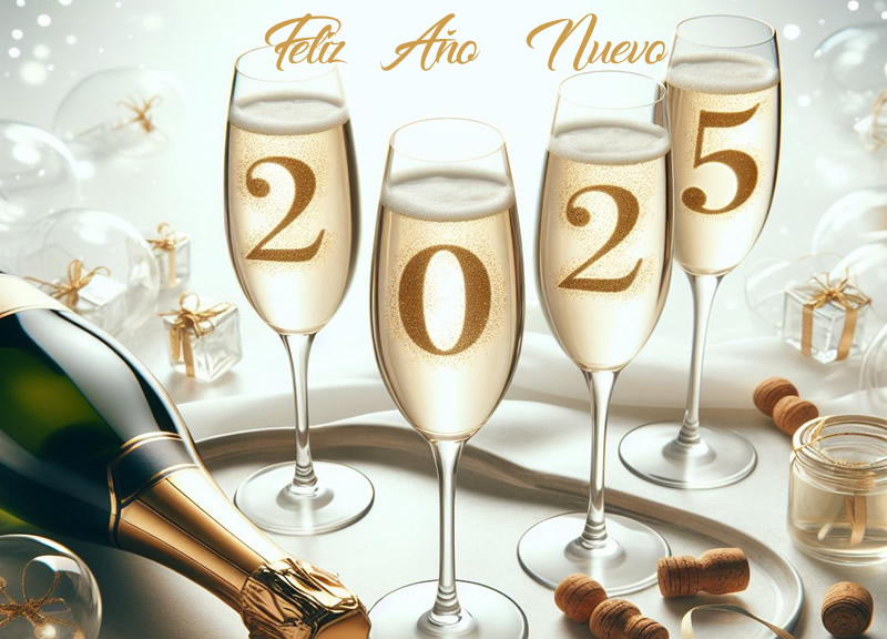 Foto con botella de vino espumoso y 4 copas con los números que componen el año nuevo 2025