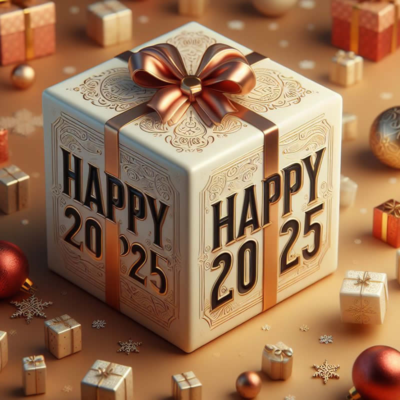 Imagen de un cubo compuesto de palabras Happy New Year 2025