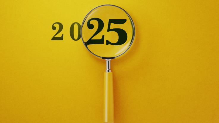 Imagen de fondo amarillo con inscripción 2025 con lupa. Hermoso y original.