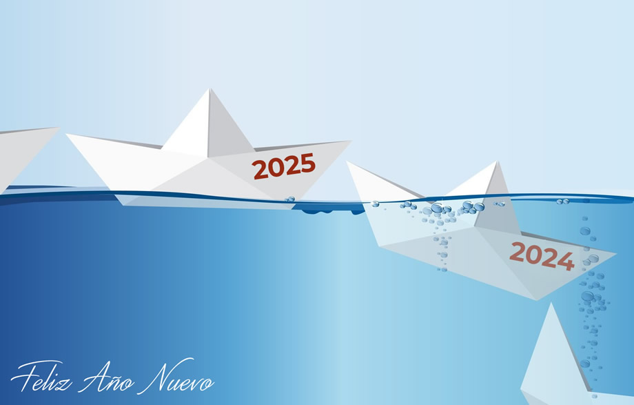 Imagen con barco de papel 2025 hundiendo el viejo año