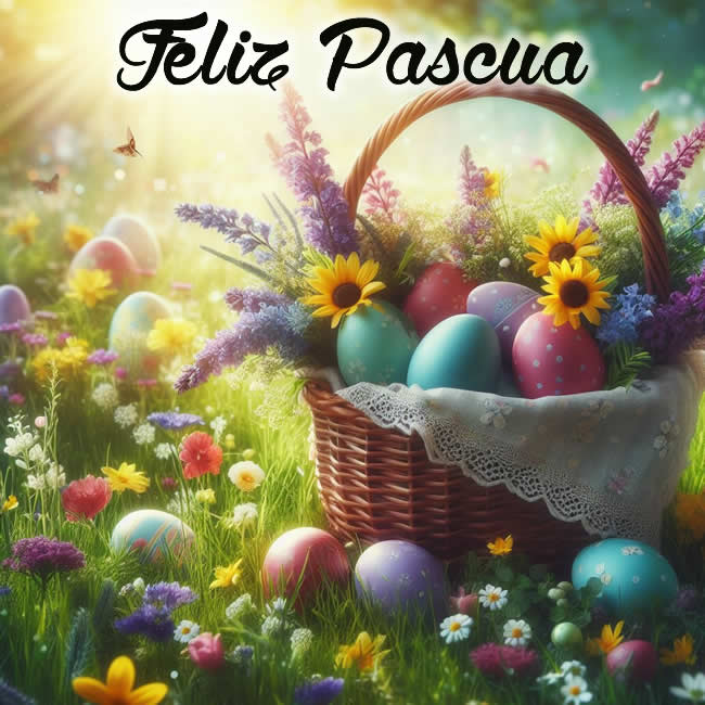 Imagen con una canasta llena de flores y huevos decorados en un prado florido con el texto Felices Pascuas