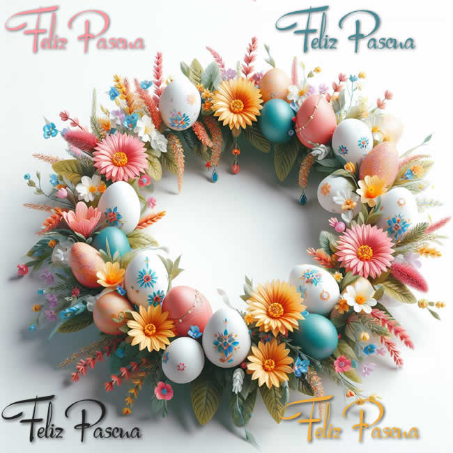 composición, en forma de guirnalda con huevos decorados y flores de colores
