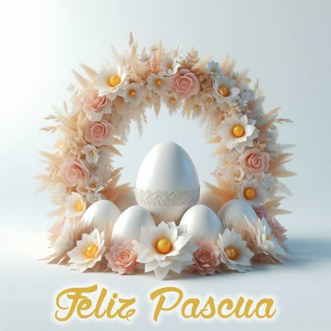 Hermosa decoración con rosas y flores blancas, elegante para tus saludos especiales, con texto Feliz Pascua