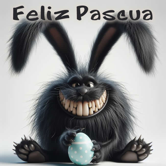 Imagen humorística con un conejo en dentición con orejas largas deseándote unas felices Pascuas