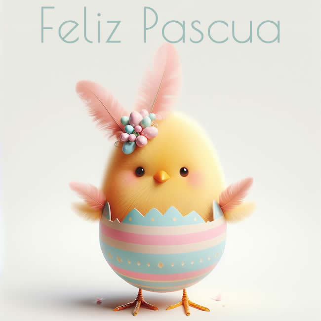 Conejito con huevos decorados en una imagen muy tierna, con el texto Felices Pascuas