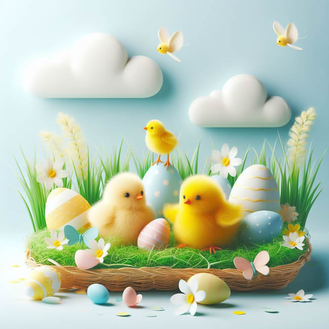 Imagen con pollitos y huevos decorados.