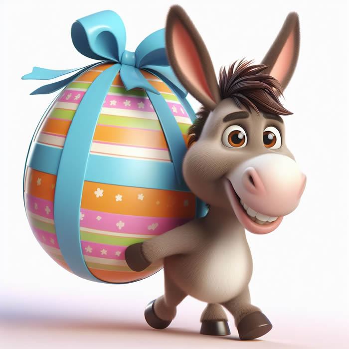 imagen alegre con un burro cargando un huevo de pascua