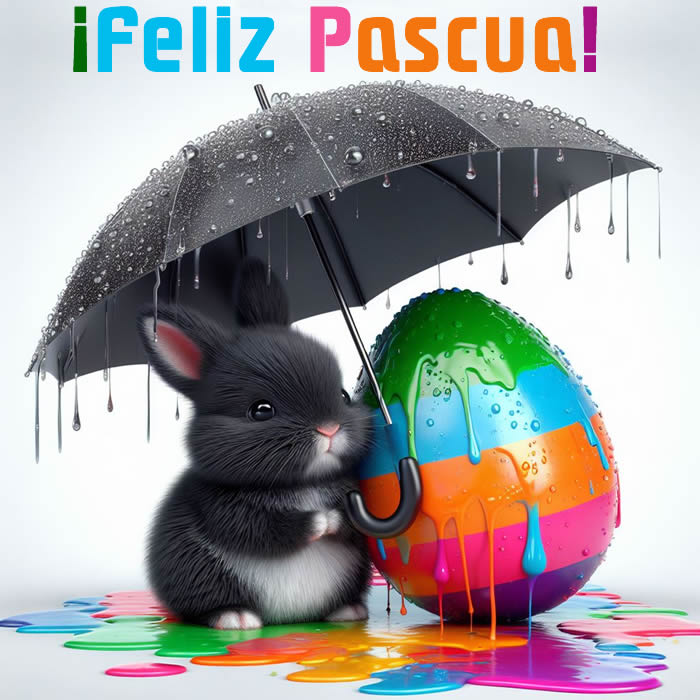 Imagen con un lindo conejo con un paraguas protegiendo de la lluvia un huevo decorado