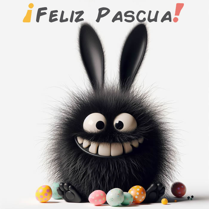 Imagen humorística de felices Pascuas con un conejo negro con grandes dientes y huevos de Pascua deseando una hermosa Pascua.