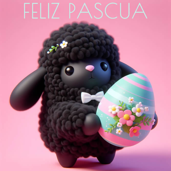 Dulce imagen con un lindo corderito negro que ofrece un huevo de Pascua decorado