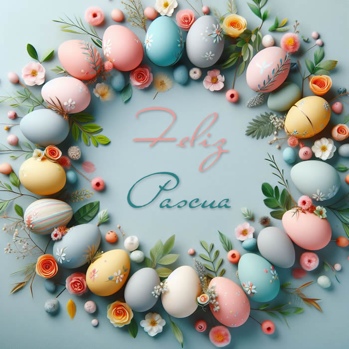 Guirnalda con huevos de Pascua y adornos florales para una elegante tarjeta de felicitación