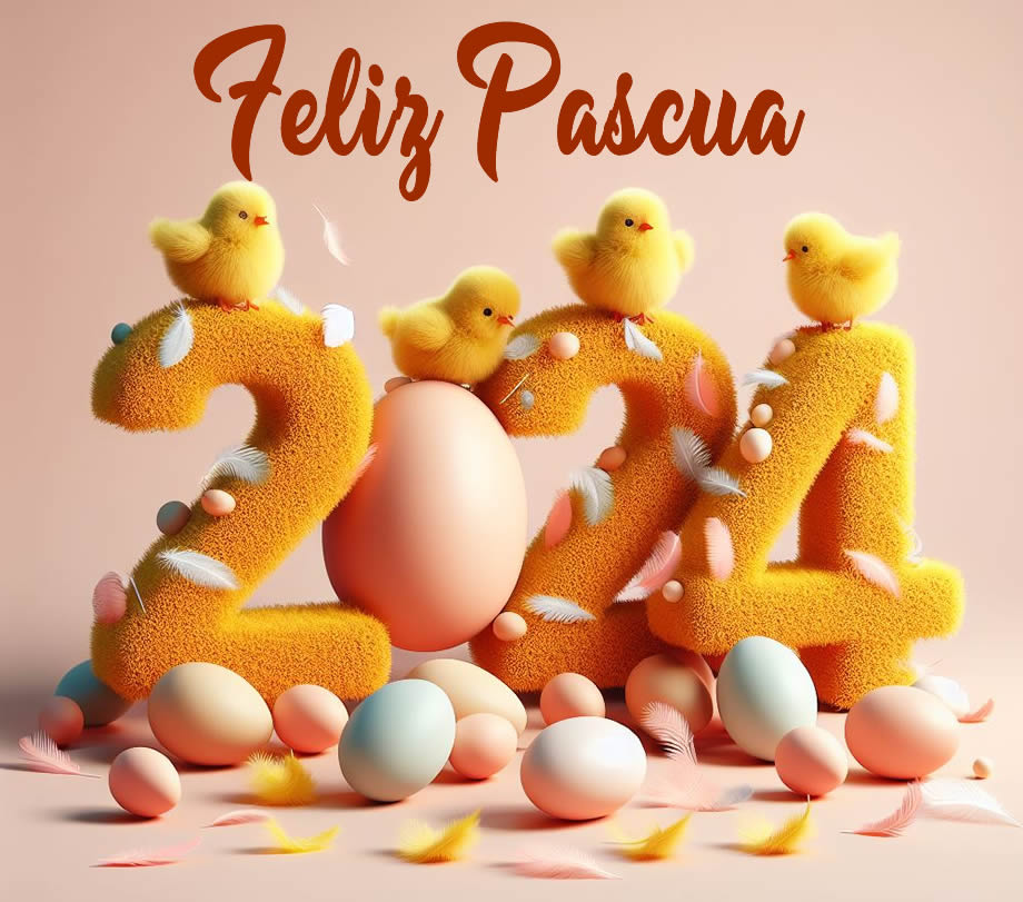 Imagen para celebrar alegremente la Pascua 2024, con pollitos y huevos decorados