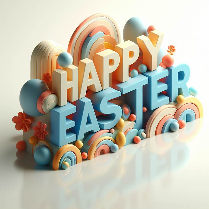 Imagen con la escritura Happy Easter en 3D rodeada de huevos de colores y decorados para Pascua