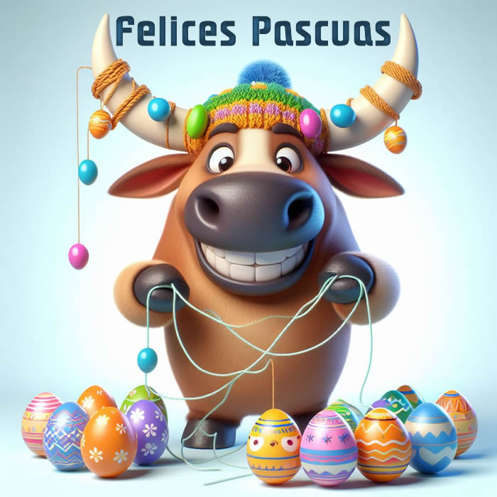 lindo toro deseando felices Pascuas con muchos huevos decorados