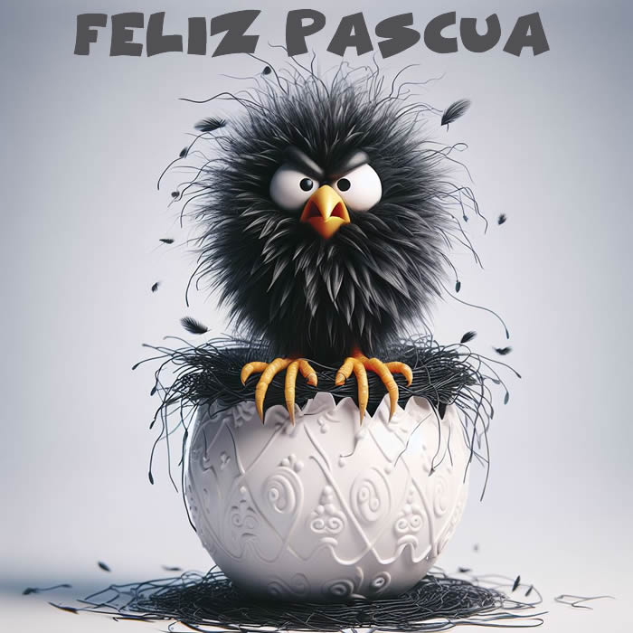 Imagen divertida con un pollito negro desplumado saliendo del huevo en el que está escrito Feliz Pascua