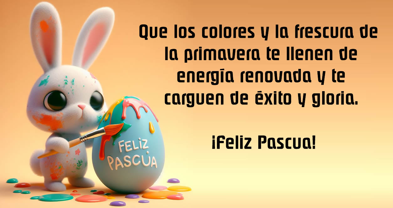 Tarjeta de Pascua con un conejo pintando un huevo y un mensaje de Feliz Pascua