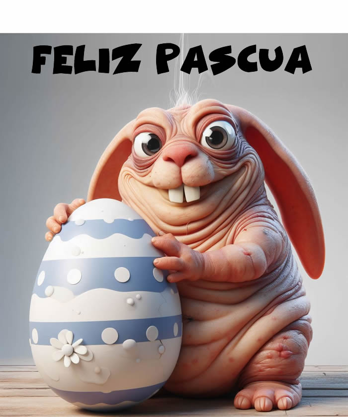 Saludos humorísticos de Felices Pascuas con un feo conejo sarnoso con un huevo