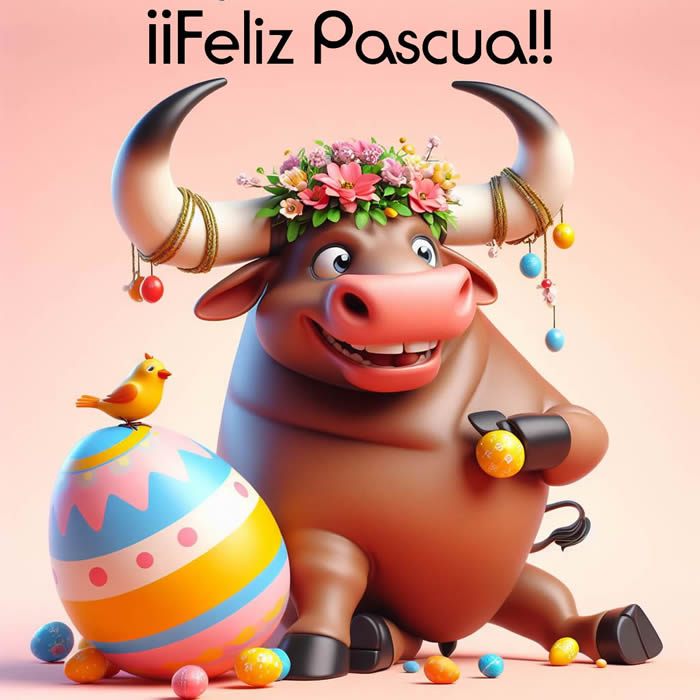 Imagen divertida con un simpático toro sonriente, decorado festivamente y con un huevo de Pascua