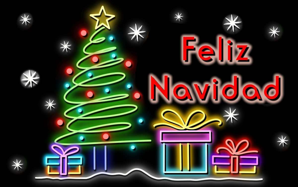 imagen con árbol de navidad y regalos hechos con luces de neón