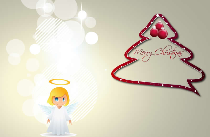 Imagen con ángel y árbol de Navidad con escrito en inglés Feliz Navidad