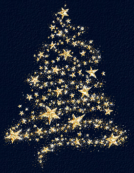 Imagen de gif animado con árbol de Navidad y pequeñas estrellas brillantes