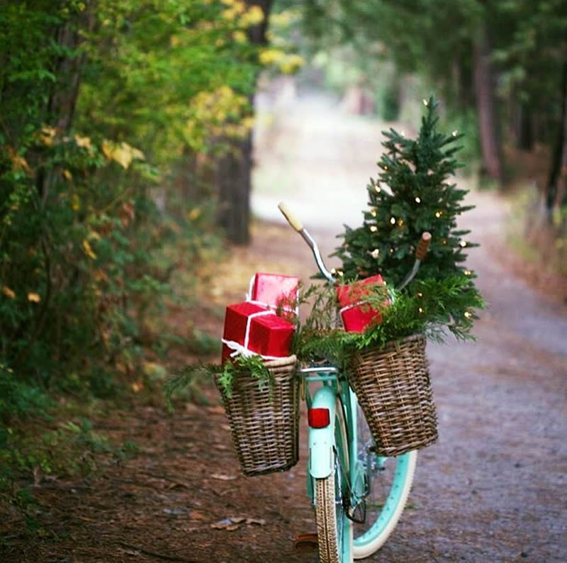  Imagen de Navidad con una bicicleta que lleva un árbol de Navidad y regalos.