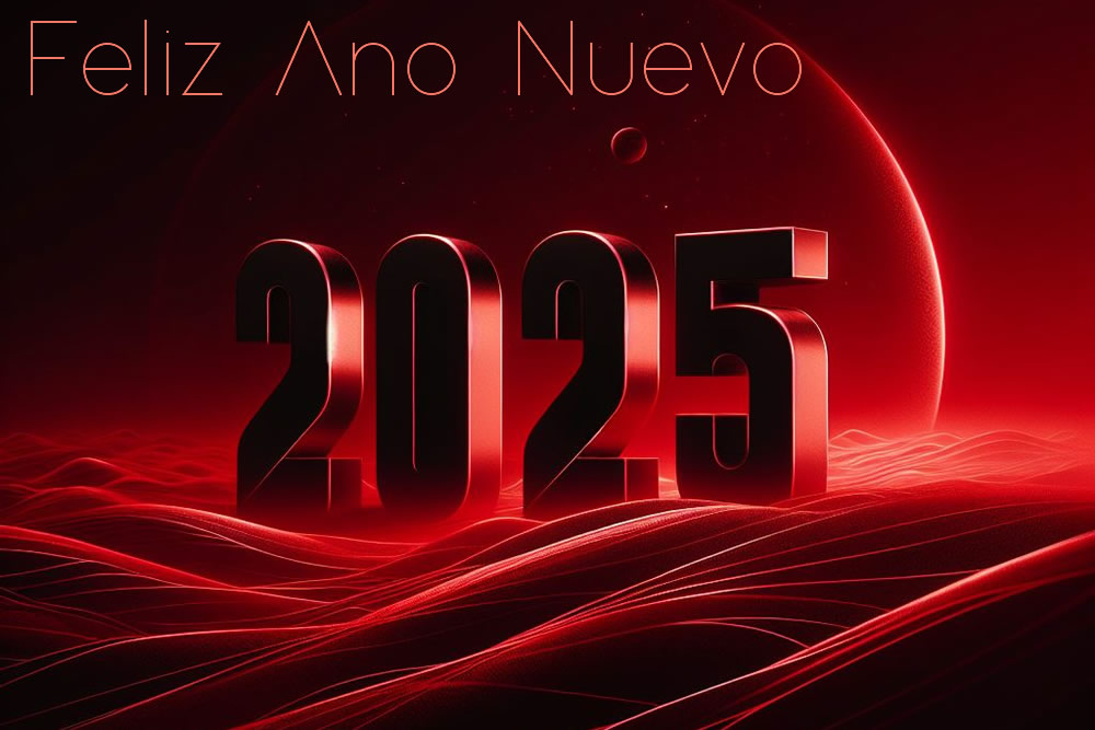 imagen elegante en rojo y negro con texto 2025 Feliz Año Nuevo