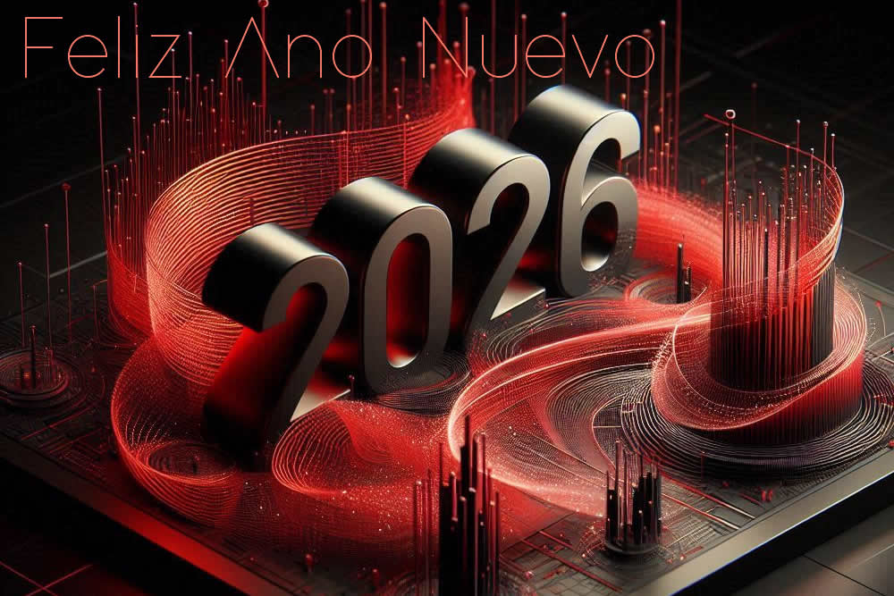 imagen elegante en rojo y negro con texto 2026 Feliz Año Nuevo
