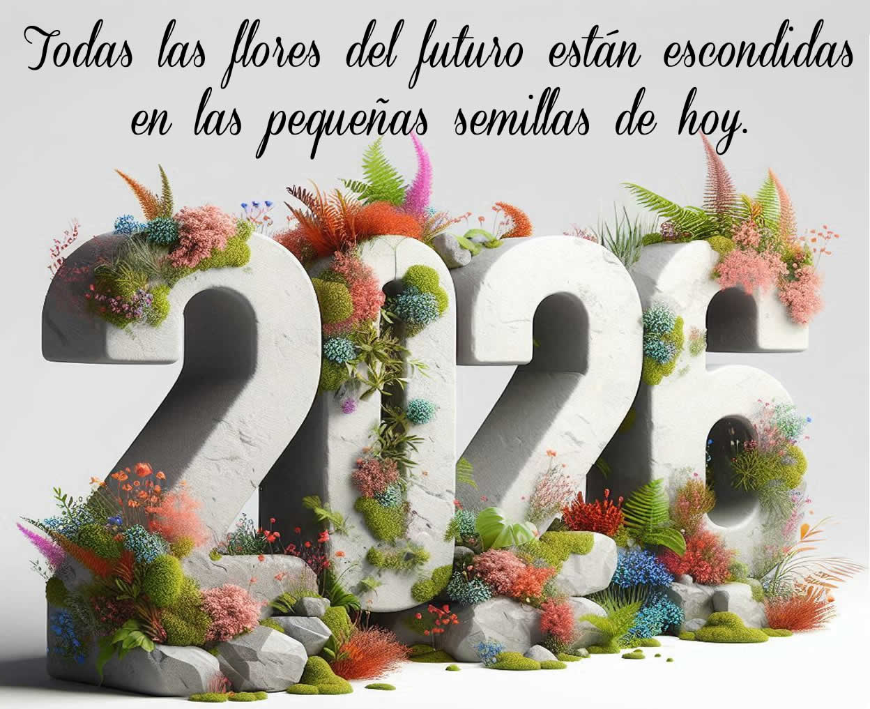 imagen alegre y colorida con 2026 construida con números hechos con flores y una bonita frase de saludo para un feliz año nuevo