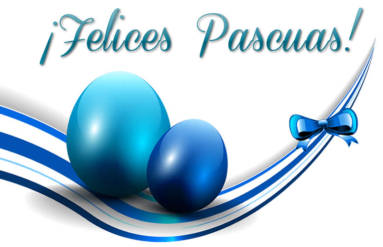 Hermosa imagen muy colorida con huevos de color azul y texto de saludos de Pascua feliz.