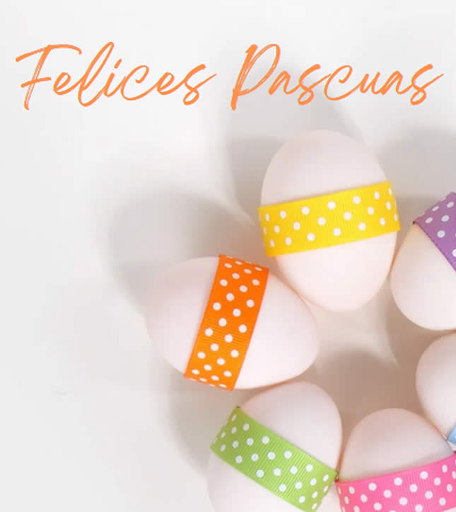 Feliz imagen de pascua con huevos con cintas de colores.