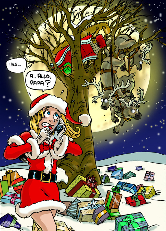 Imagen humorística con la hija de Papá Noel llamando a su padre por un pequeño accidente con su trineo que terminó en un árbol con los renos.