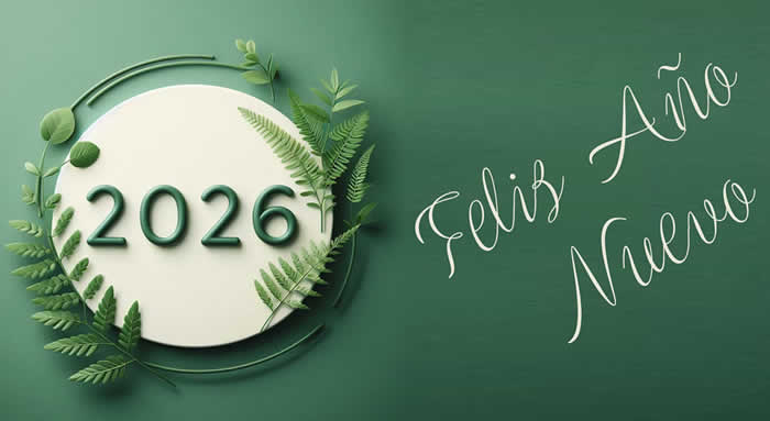 Feliz año nuevo 2026 imagen con plantas verdes y tierra