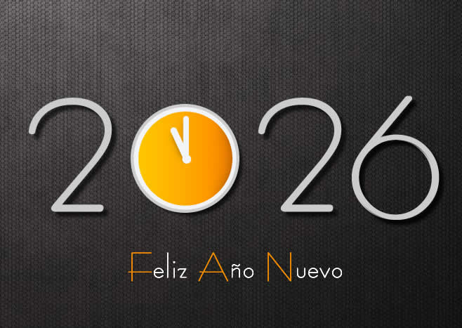 imagen con texto 2026 y reloj que marca casi la medianoche para celebrar la llegada del año nuevo