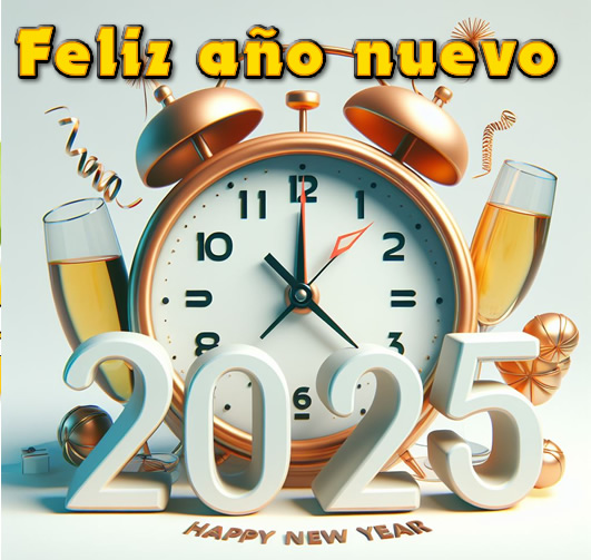 imagen con reloj despertador que marca la medianoche en la víspera de año nuevo y escrita 2025 en cubos de colores