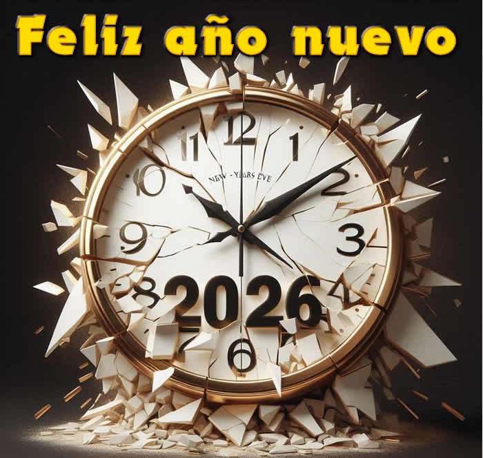imagen con reloj despertador que marca la medianoche en la víspera de año nuevo y escrita 2026 en cubos de colores