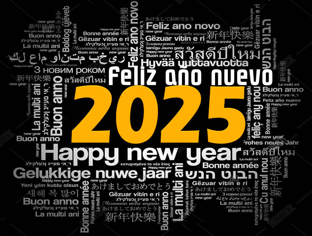 imagen con el texto Feliz Año Nuevo traducido a los idiomas principales más hablado o difundido en el mundo