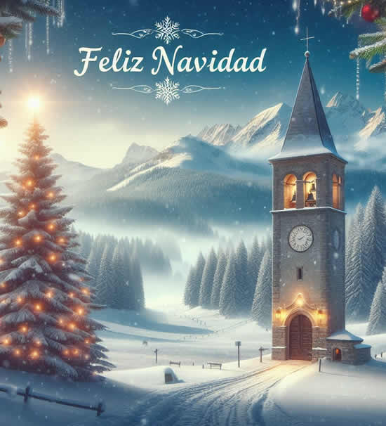 Imagen con árbol de Navidad y regalos sobre fondo rojo y texto de saludo