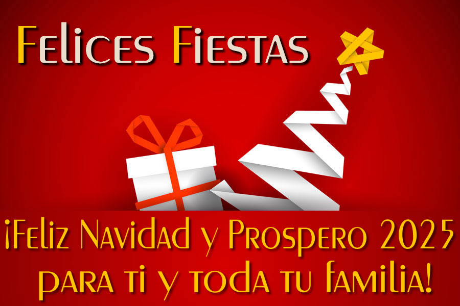 Imagen de fondo rojo de Navidad con regalos y estilizado árbol de Navidad con frase de saludo