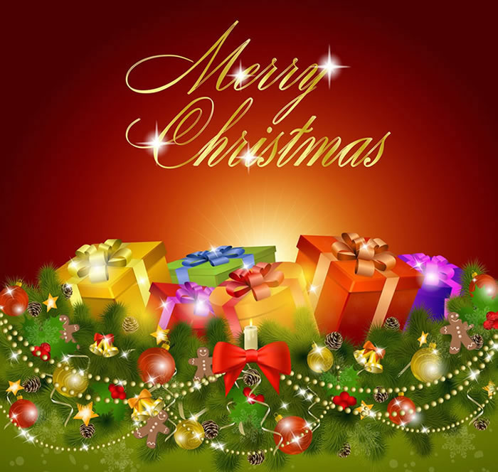 imagen con escrito en inglés Feliz Navidad y decoraciones navideñas con iluminaciones