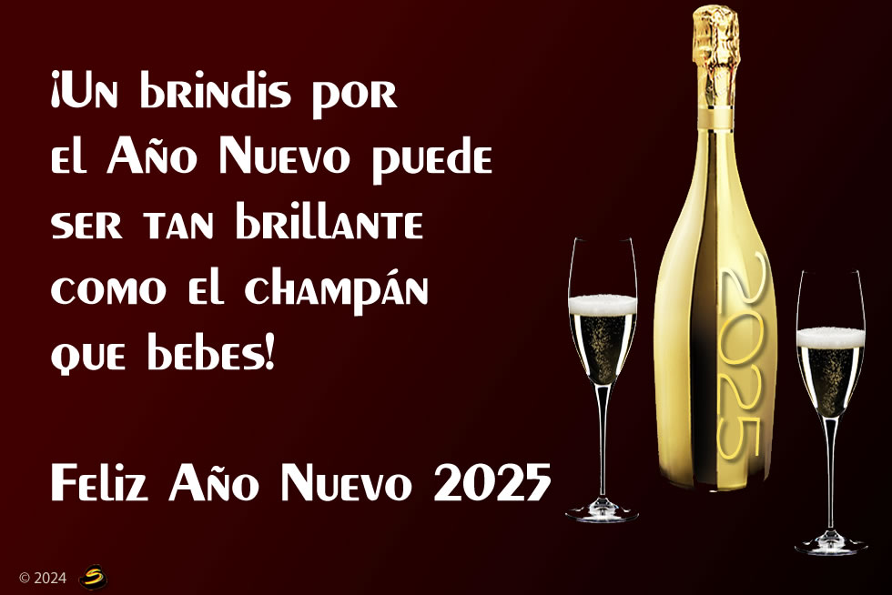 imagen con una botella de champán y copas para un brindis de medianoche el 31 de diciembre para el nuevo año con un mensaje de buenos deseos para los compañeros de trabajo