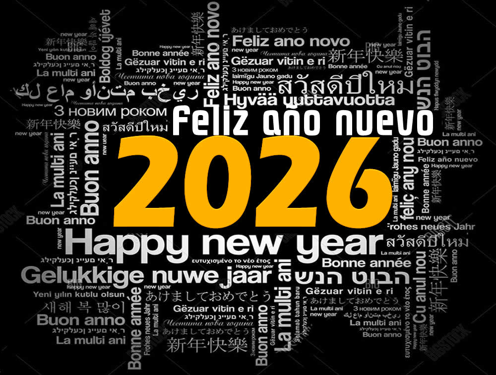 imagen con texto Feliz año nuevo 2026 en muchos idiomas diferente