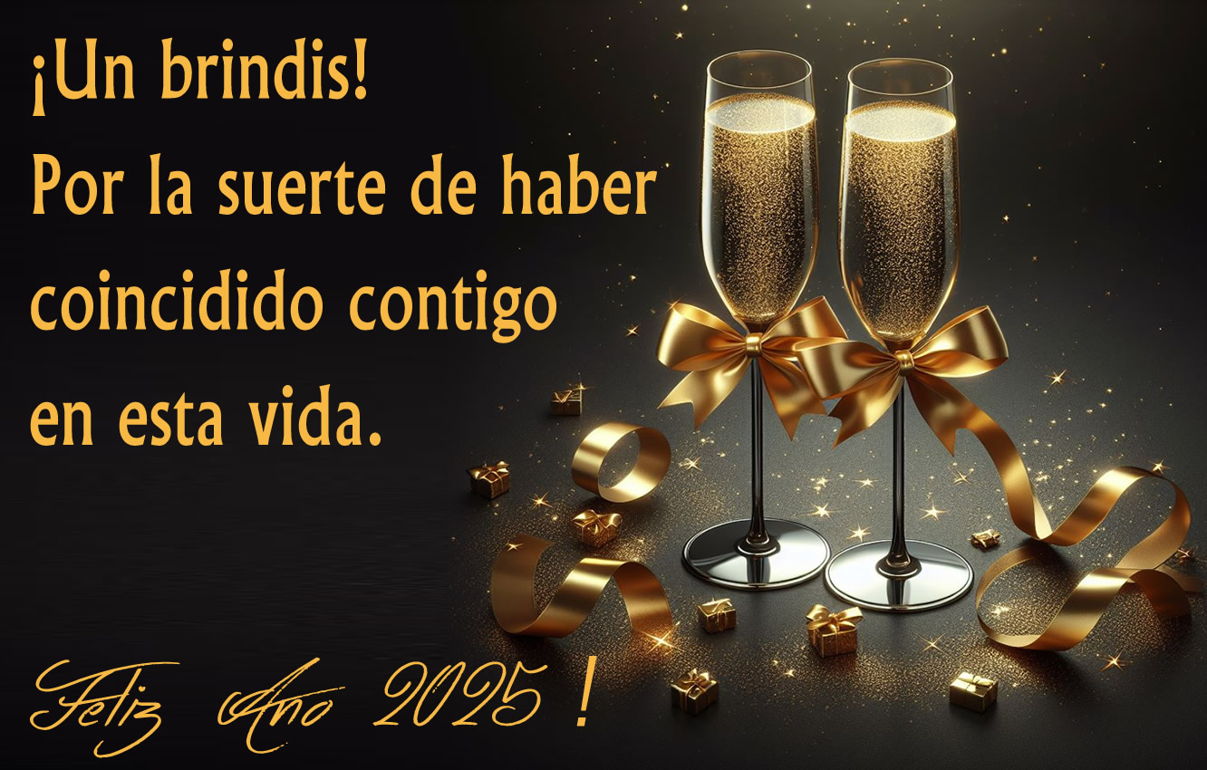 Imagen elegante sobre un fondo negro, con copas llenas de champán para celebrar la llegada del año nuevo con el texto de los deseos para el año nuevo