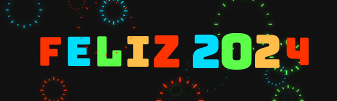 Imagen GIF animada con texto en color FELIZ AÑO NUEVO 2025 y fuegos artificiales estallando